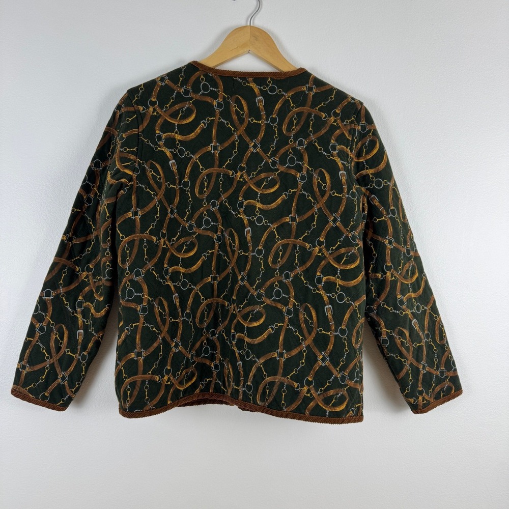 VTG! Jones New York Sport Quilted Jacket S Equestrian Belt Print Green Brown - Picture 3 of 12